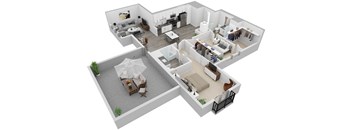 A 3D floor plan of a house with a living room, kitchen, dining room, and a balcony with a table and chairs.